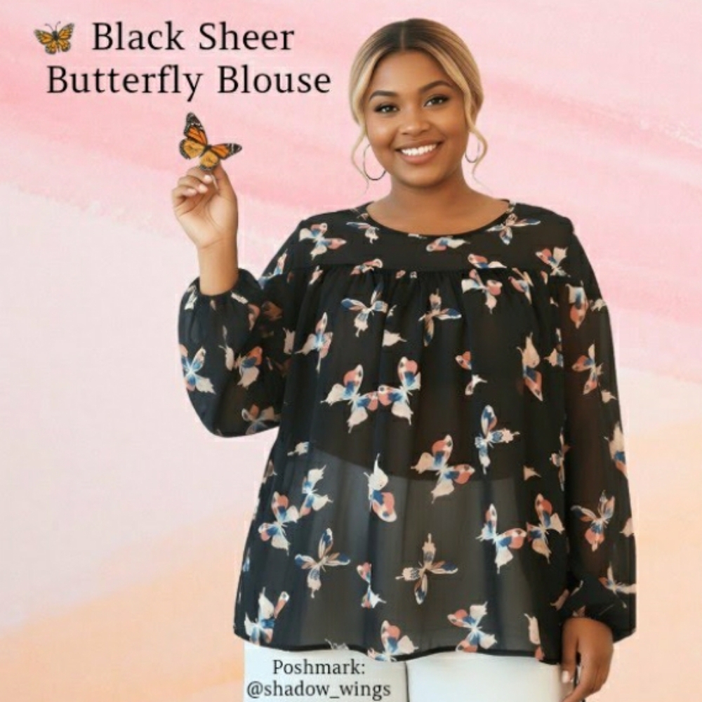 Bellino Sheer Black Babydoll Blouse with Butterfly Print - Size XL